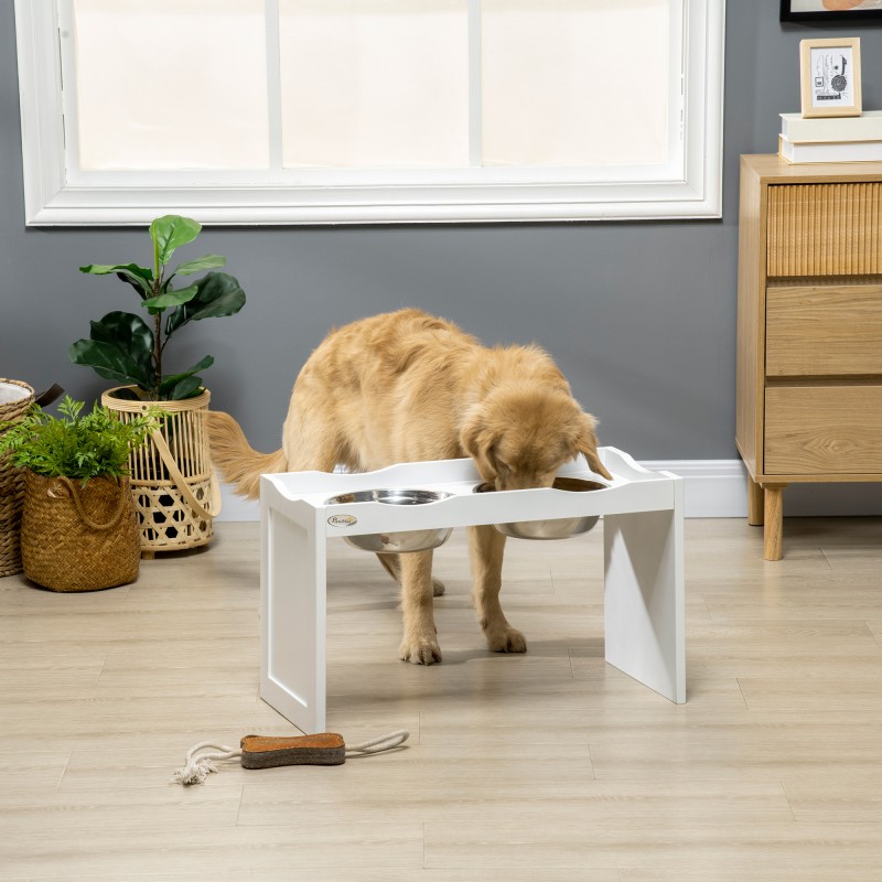 Koiran ruokintateline suurille koirille, 2x2 l ruostumaton teräs, MDF, valkoinen, 63 x 30 x 38 cm