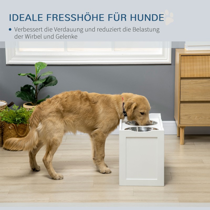Koiran ruokintateline suurille koirille, 2x2 l ruostumaton teräs, MDF, valkoinen, 63 x 30 x 38 cm