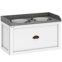 Koiran korotettu ruokapiste suurille koirille 2x2 L teräskulhoa laatikko 60 x 30 x 36 cm valkoinen harmaa