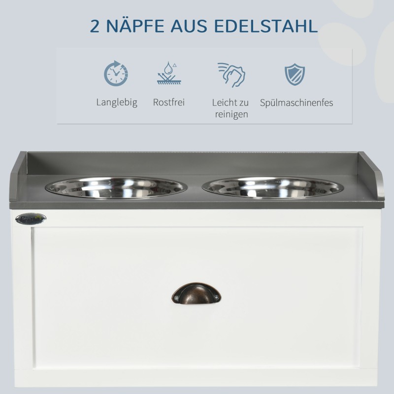 Koiran korotettu ruokapiste suurille koirille, 2x2 L teräskulhoa, laatikko, 60 x 30 x 36 cm, valkoinen/harmaa