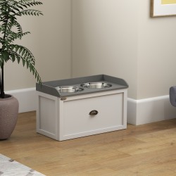 Koiran korotettu ruokapiste suurille koirille, 2x2 L teräskulhoa, laatikko, 60 x 30 x 36 cm, valkoinen/harmaa