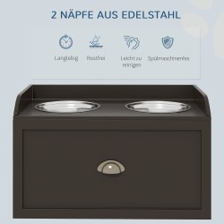 Koiran korotettu ruokinta-asema säilytyslaatikolla, 2 teräskuppia, 60 x 30 x 36 cm, ruskea