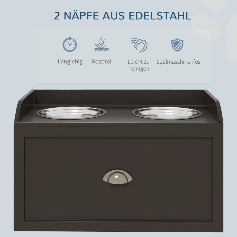 Koiran korotettu ruokinta-asema säilytyslaatikolla, 2 teräskuppia, 60 x 30 x 36 cm, ruskea