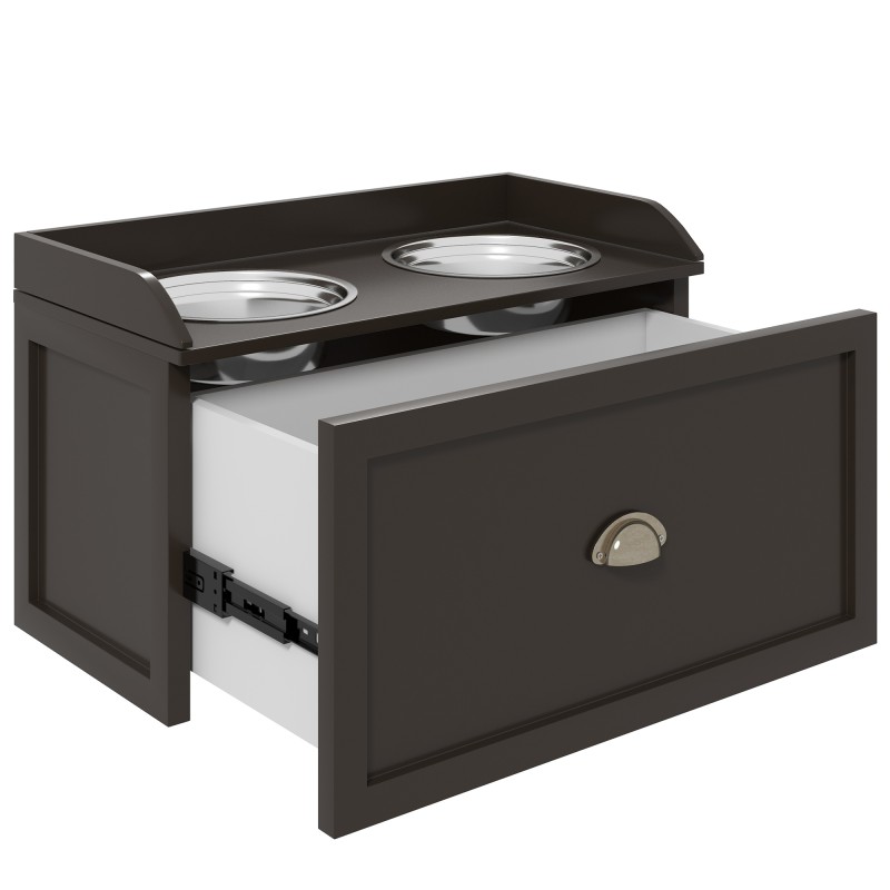 Koiran korotettu ruokinta-asema säilytyslaatikolla, 2 teräskuppia, 60 x 30 x 36 cm, ruskea