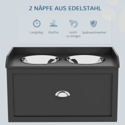 Koiran ruokinta-asema suurille koirille, 2x2 L teräskuppia, vetolaatikko, 60 x 30 x 36 cm, musta/hopea