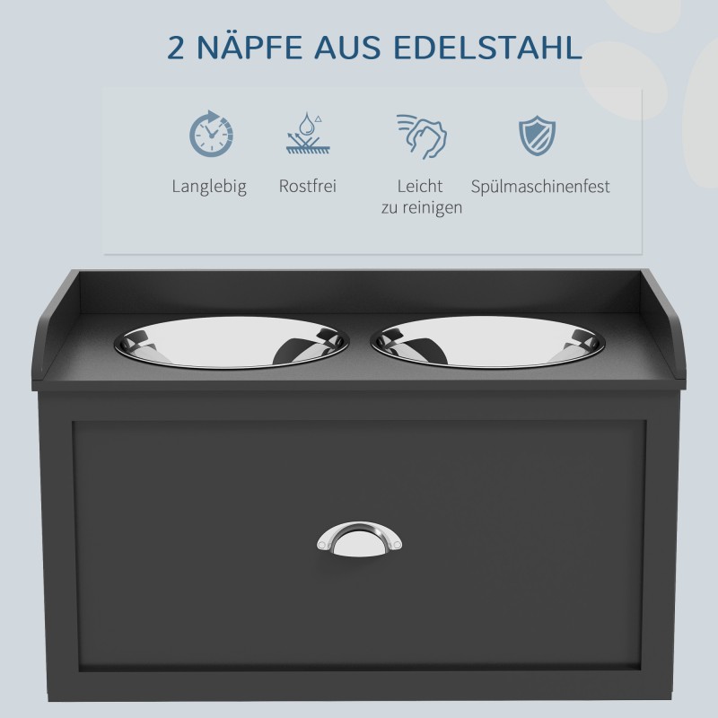 Koiran ruokinta-asema suurille koirille, 2x2 L teräskuppia, vetolaatikko, 60 x 30 x 36 cm, musta/hopea