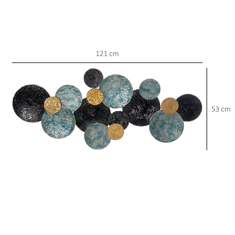 Metallinen 3D seinäkoriste ympyröillä 121 x 53 cm sininen kulta musta