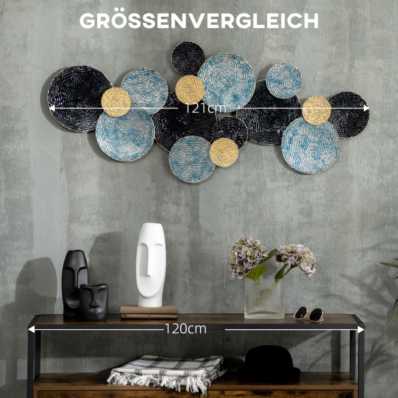 Metallinen 3D seinäkoriste ympyröillä 121 x 53 cm sininen kulta musta