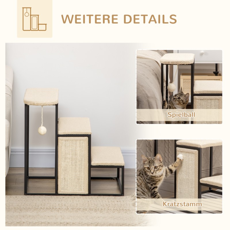 Kissanporras 3 tasoa teräs ja sisal 51 x 54 x 53 cm cremevalkoinen/musta