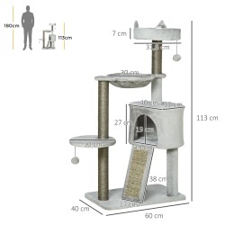 Kissan raapimispuu kissanmajalla, pedillä ja riippumatolla 60 x 40 x 113 cm, vaaleanharmaa