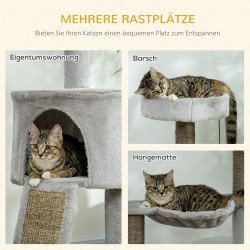 Kissan raapimispuu kissanmajalla, pedillä ja riippumatolla 60 x 40 x 113 cm, vaaleanharmaa