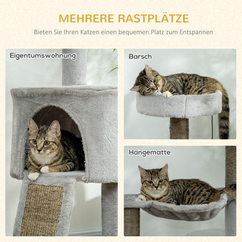 Kissan raapimispuu kissanmajalla, pedillä ja riippumatolla 60 x 40 x 113 cm, vaaleanharmaa