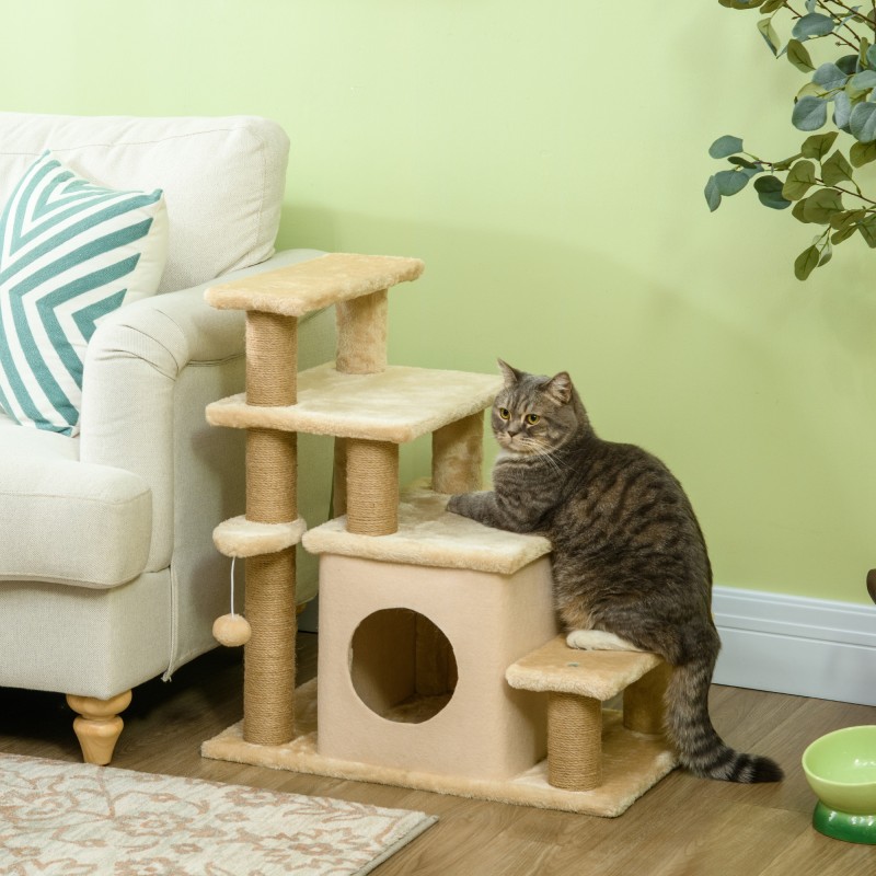 Kissan portaat ja raapimapuu talolla, 3–4 askelmaa, lastulevy ja plüssi, 60 x 40 x 66 cm, beige