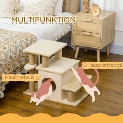 Kissan portaat ja raapimapuu talolla, 3–4 askelmaa, lastulevy ja plüssi, 60 x 40 x 66 cm, beige