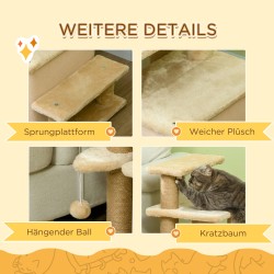 Kissan portaat ja raapimapuu talolla, 3–4 askelmaa, lastulevy ja plüssi, 60 x 40 x 66 cm, beige