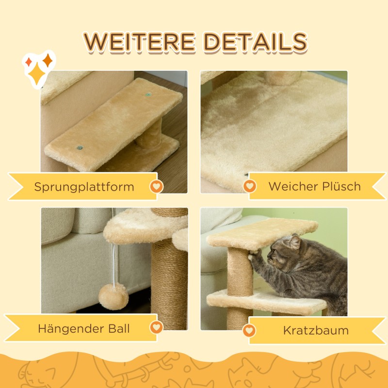 Kissan portaat ja raapimapuu talolla, 3–4 askelmaa, lastulevy ja plüssi, 60 x 40 x 66 cm, beige