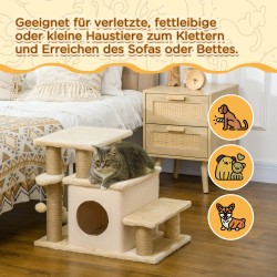 Kissan portaat ja raapimapuu talolla, 3–4 askelmaa, lastulevy ja plüssi, 60 x 40 x 66 cm, beige