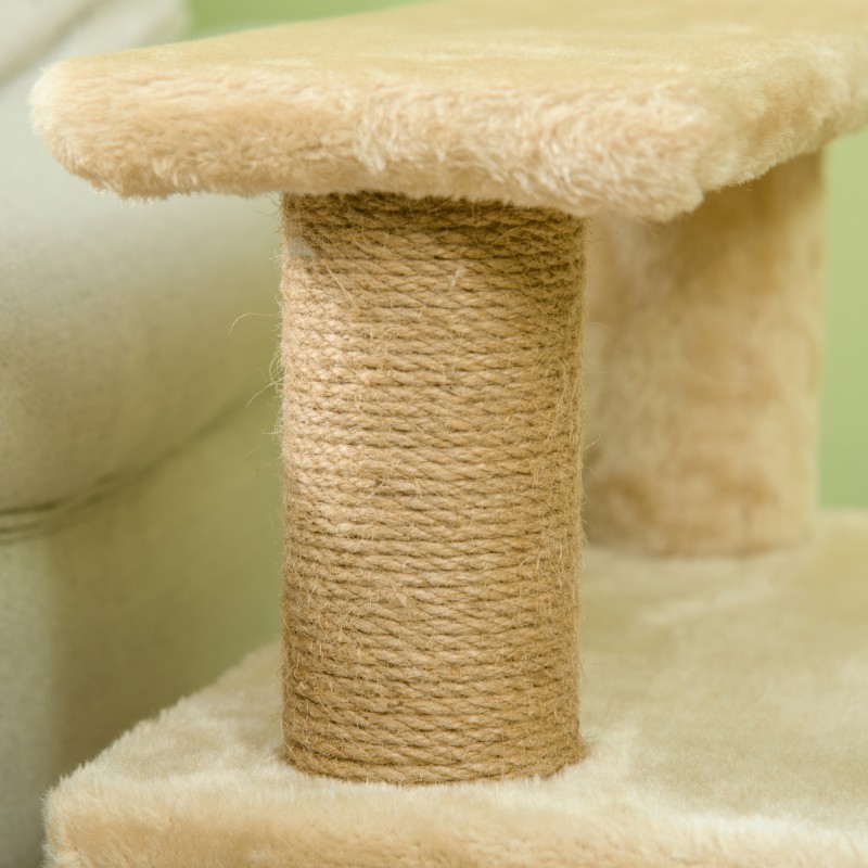 Kissan portaat ja raapimapuu talolla, 3–4 askelmaa, lastulevy ja plüssi, 60 x 40 x 66 cm, beige
