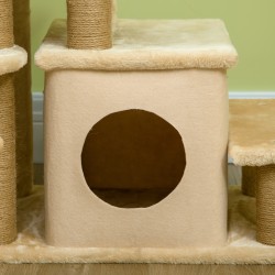 Kissan portaat ja raapimapuu talolla, 3–4 askelmaa, lastulevy ja plüssi, 60 x 40 x 66 cm, beige
