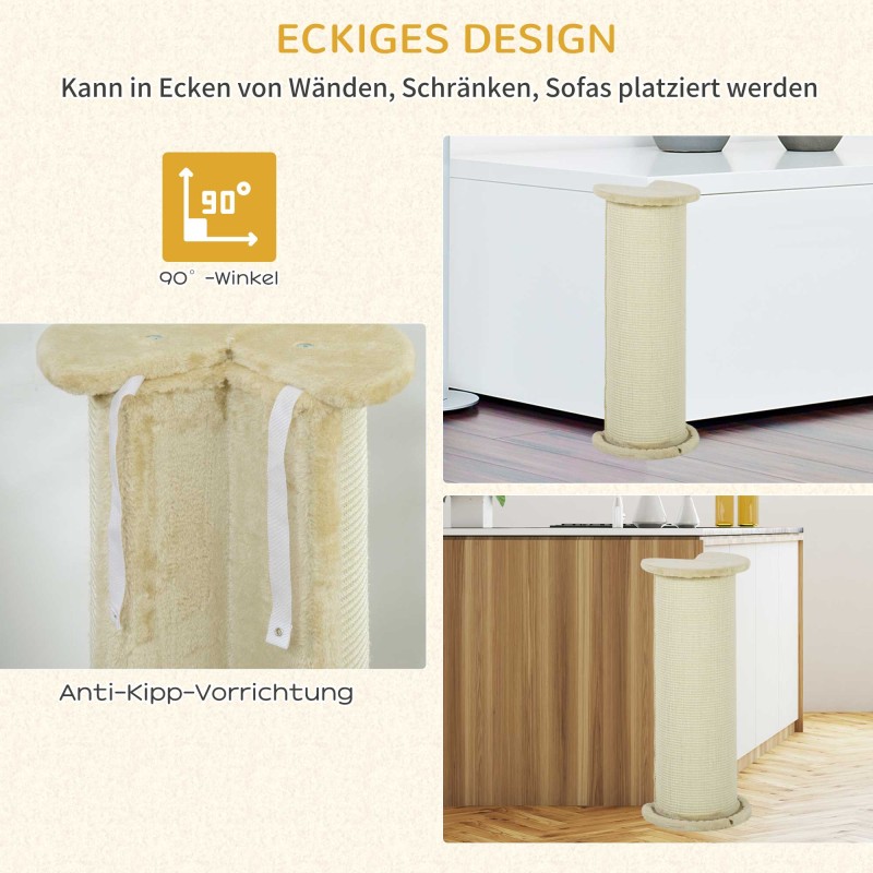Kissan raapimapuu nurkkaan, sisal/lastulevy, 35 x 35 x 85 cm, kermanvalkoinen