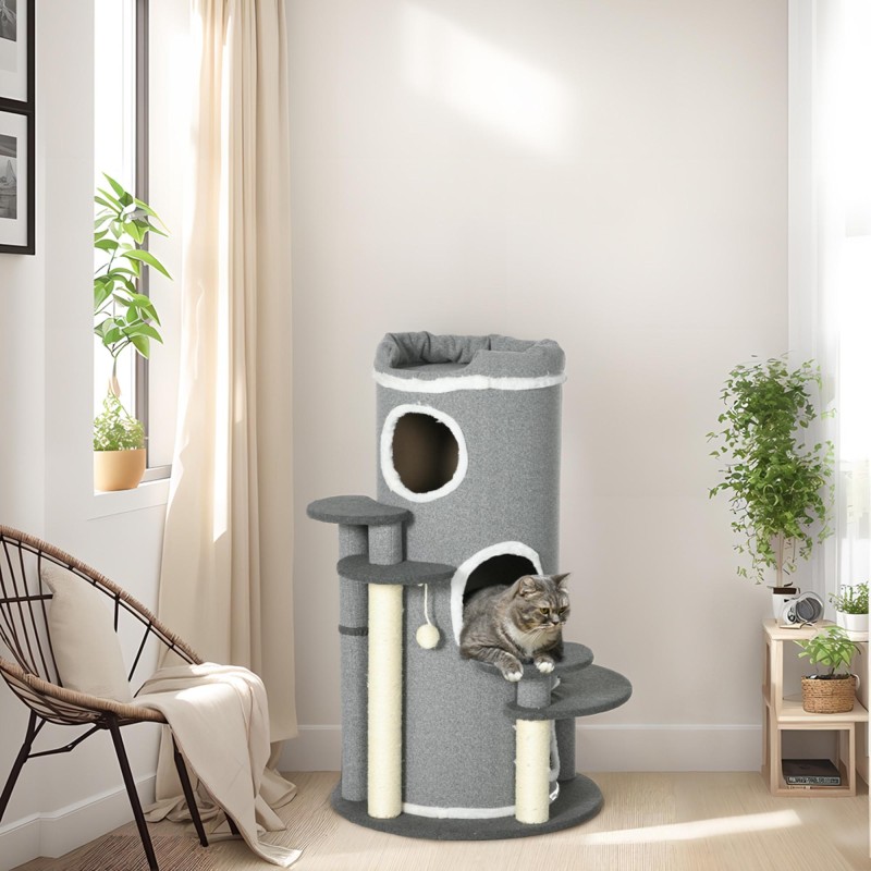 Kissan kiipeily- ja raapimispuu, raapimistorni 2 pesäkoloa, 4 tasoa, sisal, Ø57 x 99 cm, harmaa-valkoinen