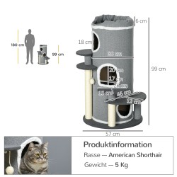 Kissan kiipeily- ja raapimispuu, raapimistorni 2 pesäkoloa, 4 tasoa, sisal, Ø57 x 99 cm, harmaa-valkoinen