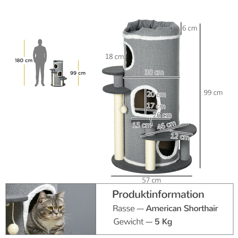 Kissan kiipeily- ja raapimispuu, raapimistorni 2 pesäkoloa, 4 tasoa, sisal, Ø57 x 99 cm, harmaa-valkoinen