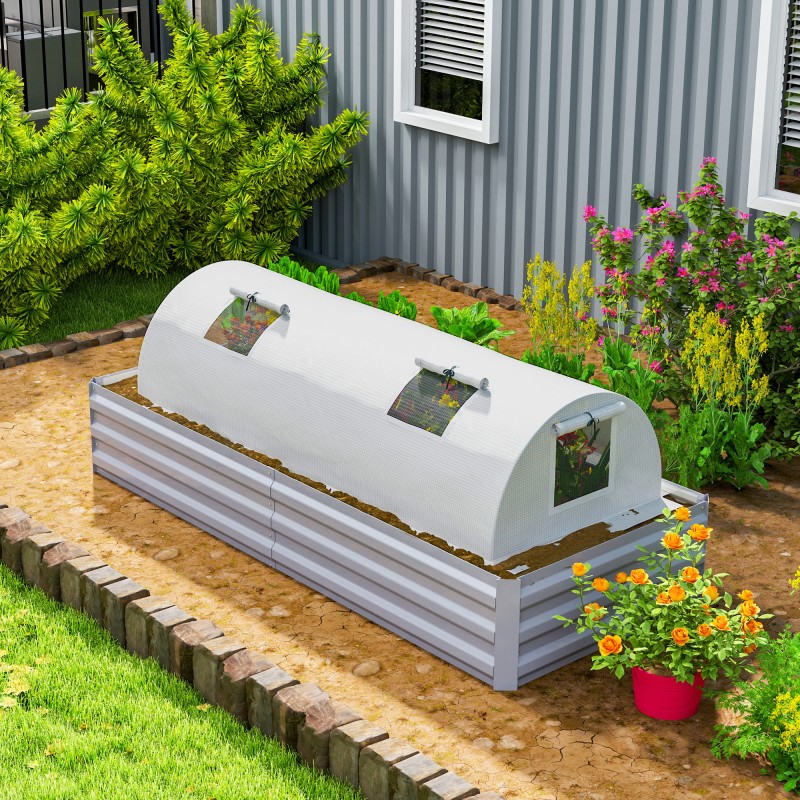 Pieni tunnelikasvihuone puutarhaan, teräsrunko ja muovipeite, verkkoikkunat, 200 x 80 x 45 cm, valkoinen