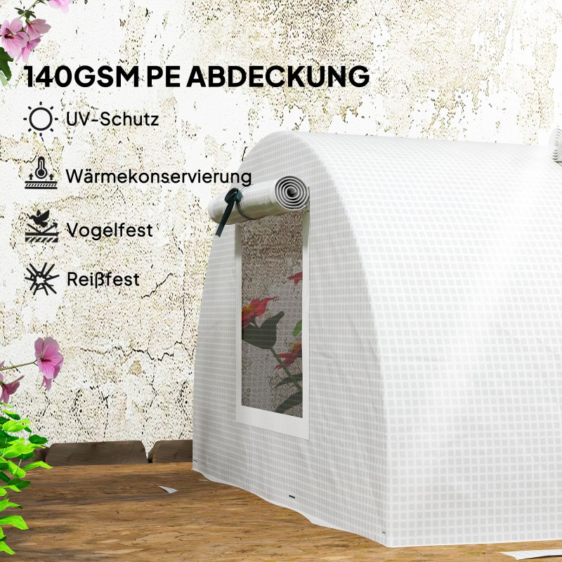 Kasvutunneli ulkokäyttöön, muovikalvo ja teräsrunko, verkkoikkunat, 300 x 80 x 45 cm, valkoinen