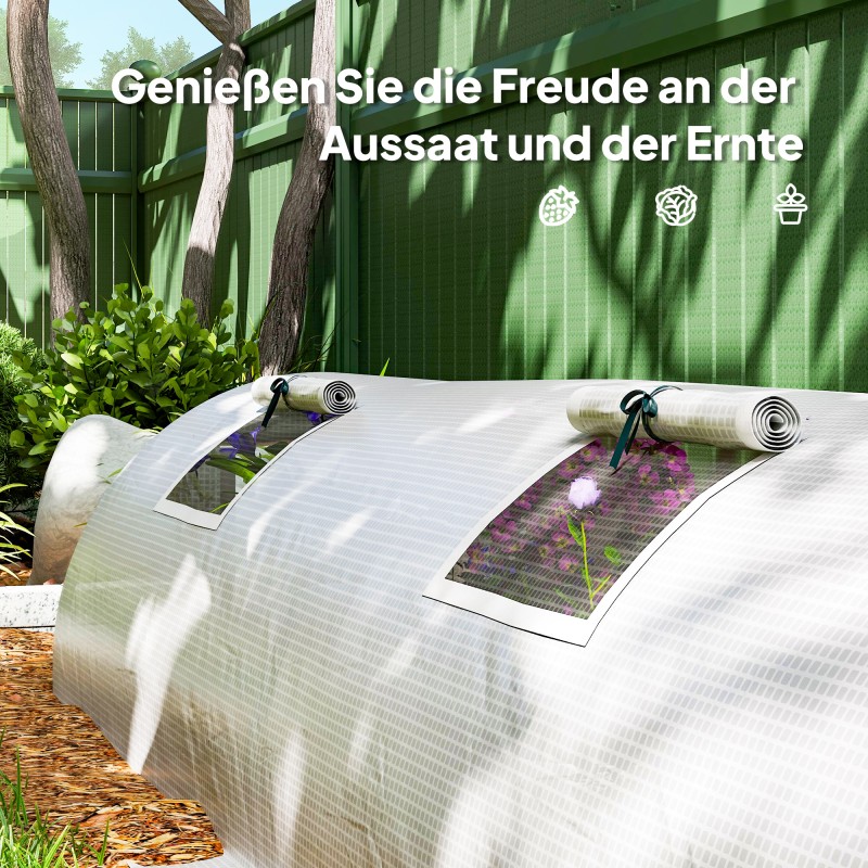 Kasvutunneli ulkokäyttöön, muovikalvo ja teräsrunko, verkkoikkunat, 300 x 80 x 45 cm, valkoinen