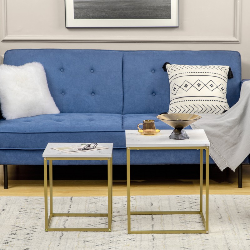 Sivupöydät olohuoneeseen 2 kpl, pinottava setti, teräsrunko, valkoinen marmorioptinen kansi, kulta