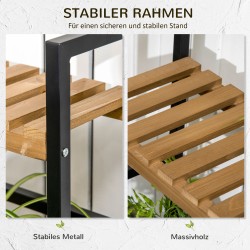 Puinen kukkateline 3 tasoa ja ripustuskoukut, metalli- ja puurunko, 80 x 36 x 174 cm, musta / luonnonväri