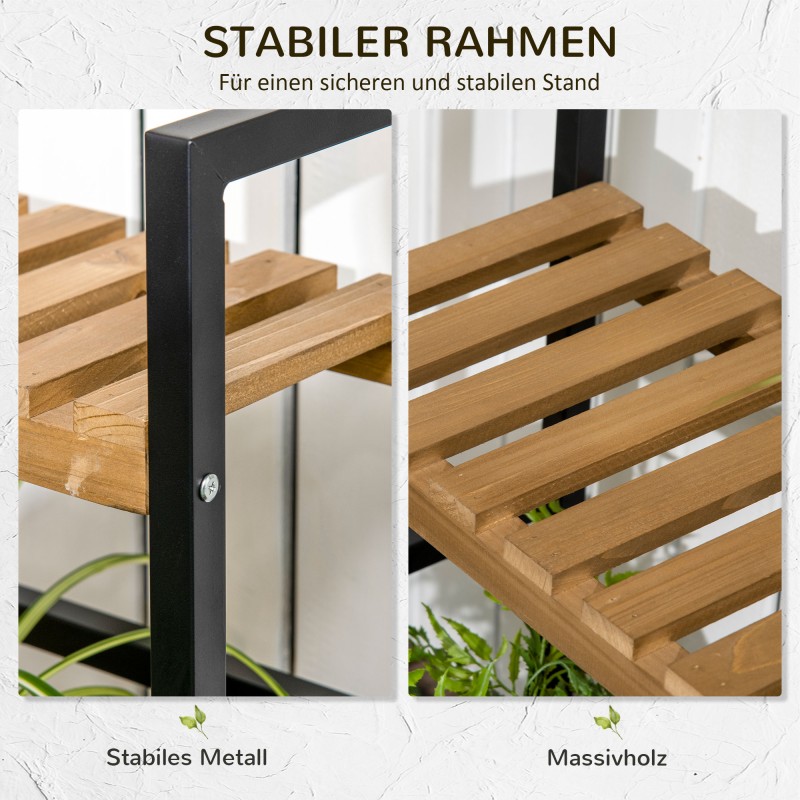 Puinen kukkateline 3 tasoa ja ripustuskoukut, metalli- ja puurunko, 80 x 36 x 174 cm, musta / luonnonväri