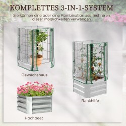 Korotettu viljelylaatikko ja minikasvihuone 3-osainen setti, galvanoitu teräs, 53 x 53 x 90 cm, 76 l, hopea/vihreä