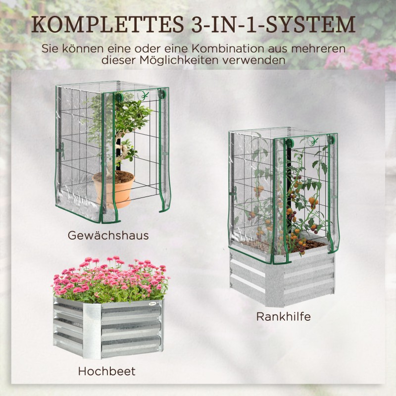 Korotettu viljelylaatikko ja minikasvihuone 3-osainen setti, galvanoitu teräs, 53 x 53 x 90 cm, 76 l, hopea/vihreä