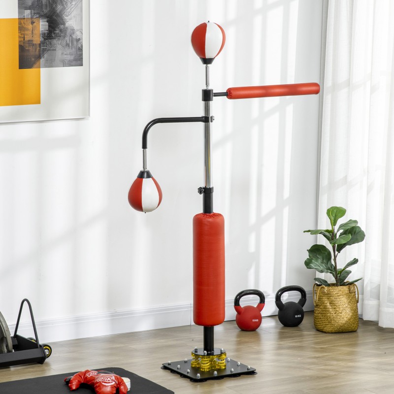 Seisova nyrkkeilyteline kahdella nopeuspallolla ja potkutyynyllä, teräs, säädettävä korkeus 140–205 cm