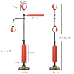 Seisova nyrkkeilyteline kahdella nopeuspallolla ja potkutyynyllä, teräs, säädettävä korkeus 140–205 cm