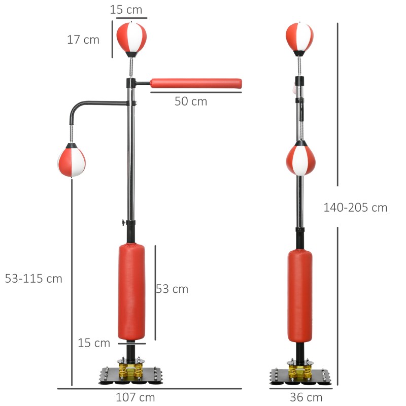 Seisova nyrkkeilyteline kahdella nopeuspallolla ja potkutyynyllä, teräs, säädettävä korkeus 140–205 cm
