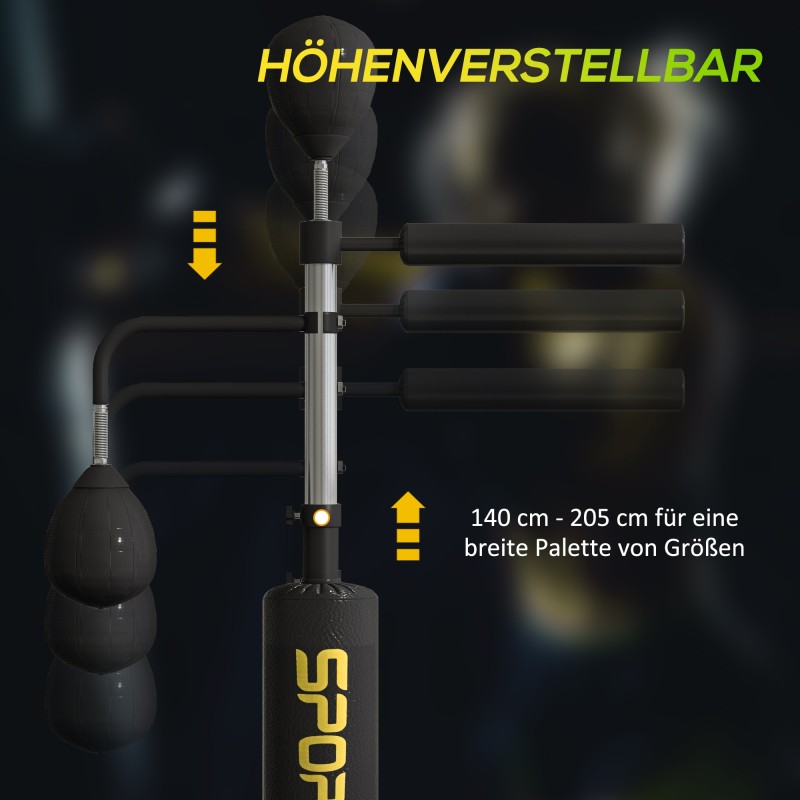 Vapaasti seisova nyrkkeilyteline kahdella refleksipallolla, iskutangolla ja potkutyynyllä, teräs, 107 x 36 x 140–205 cm, musta