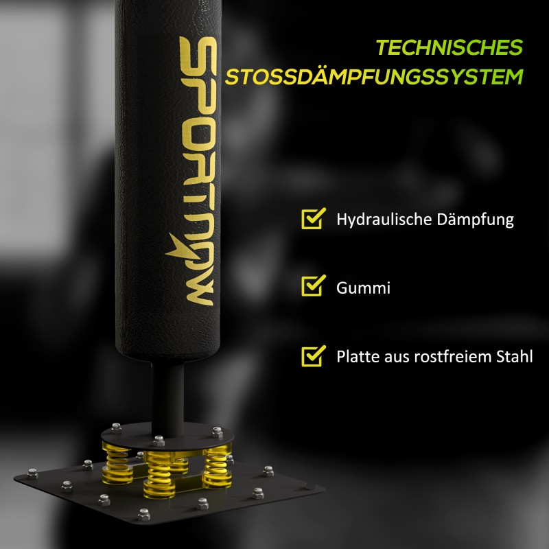 Vapaasti seisova nyrkkeilyteline kahdella refleksipallolla, iskutangolla ja potkutyynyllä, teräs, 107 x 36 x 140–205 cm, musta