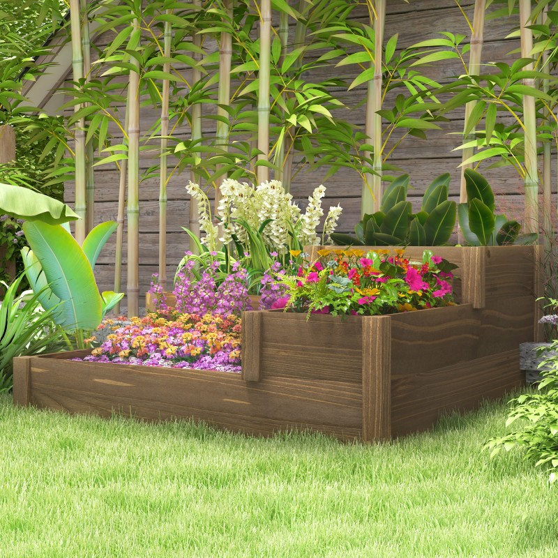 Viljelylaatikko 3-tasoinen, 4 istutusosaa, kuusipuu, säänkestävä, 122 x 122 x 51 cm, ruskea