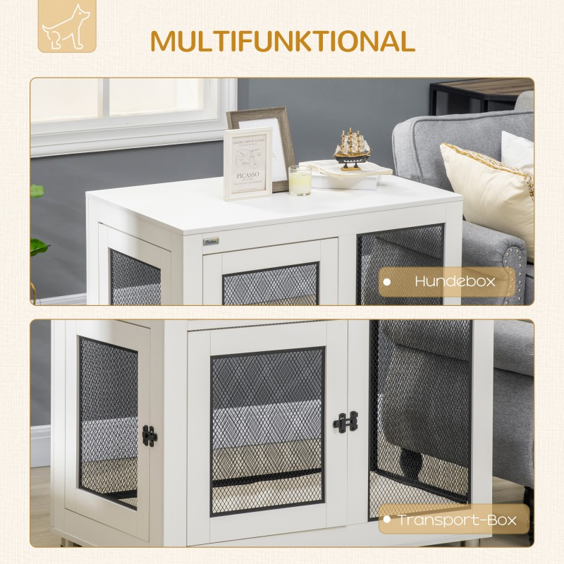 Koiranhäkki pienille ja keskikokoisille koirille, teräs, 2 ovea, pehmeä alusta, 94 x 60 x 71,5 cm, valkoinen