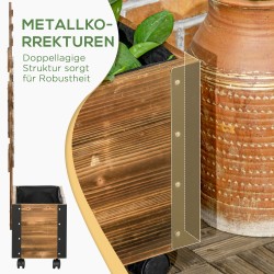 Korotettu viljelylaatikko ritilällä ja pyörillä, täyspuu, 65 x 31 x 147 cm, musta-ruskea