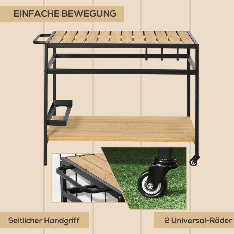 Tarjoiluvaunu ulko- ja sisäkäyttöön, teollinen tyyli, teräs ja kuusipuu, 107 x 65 x 80 cm, musta/natur