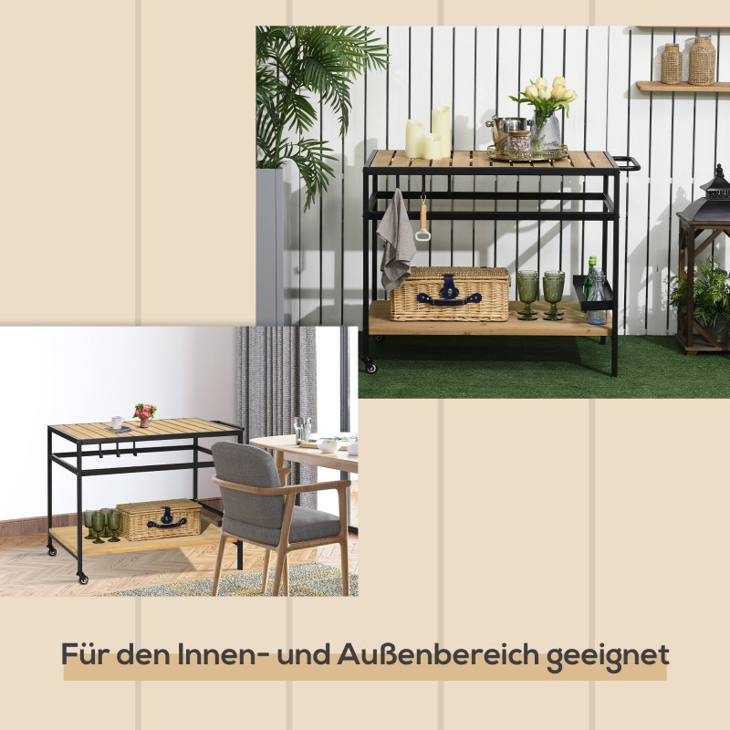 Tarjoiluvaunu ulko- ja sisäkäyttöön, teollinen tyyli, teräs ja kuusipuu, 107 x 65 x 80 cm, musta/natur