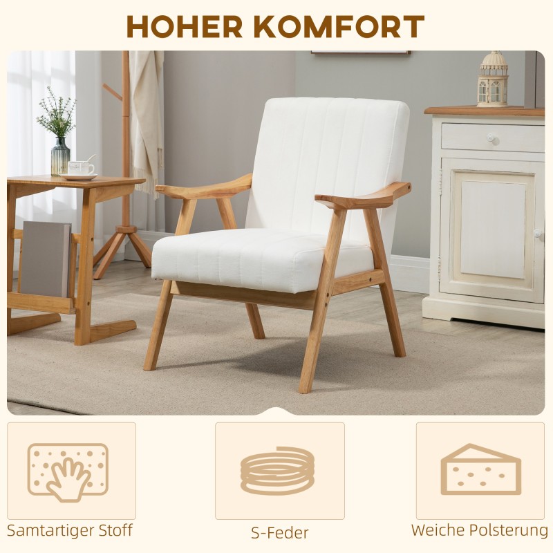Skandinaavinen nojatuoli samettimainen verhoilu massiivipuurunko 68 x 74 x 82 cm luonnonvärinen/creme