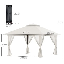 Taitettava paviljonki ulkokäyttöön, korkeussäädettävä, 4x4 m, 4 verkko­seinää, tuuletuskatto, cremevalkoinen