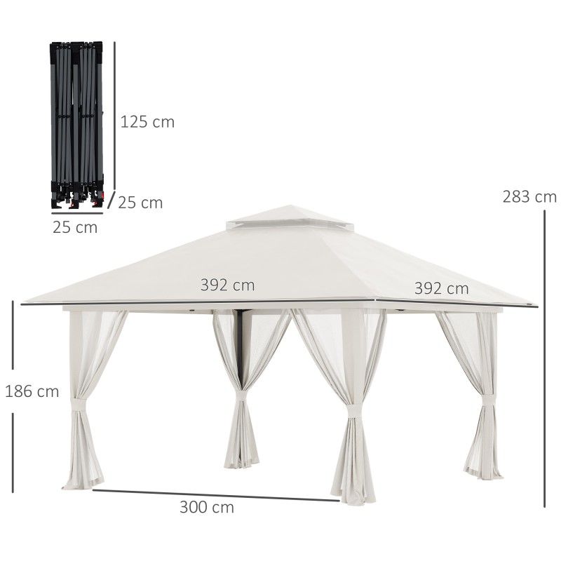 Taitettava paviljonki ulkokäyttöön, korkeussäädettävä, 4x4 m, 4 verkko­seinää, tuuletuskatto, cremevalkoinen