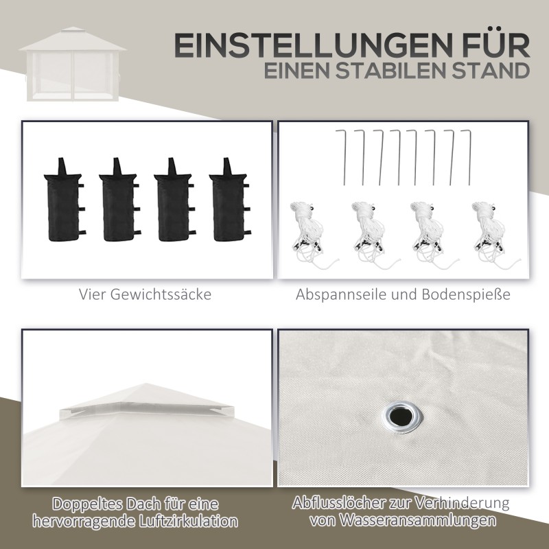 Taitettava paviljonki ulkokäyttöön, korkeussäädettävä, 4x4 m, 4 verkko­seinää, tuuletuskatto, cremevalkoinen