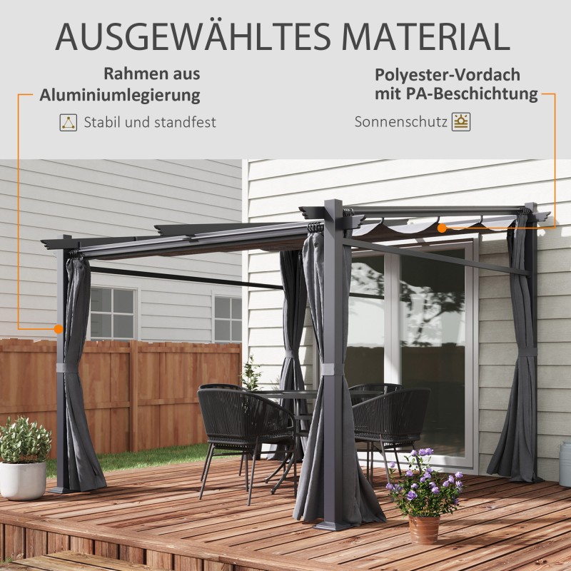 Pergola ulkokäyttöön, teräs/alumiinirunko, säädettävä kattokangas, 2,97 x 2,95 x 2,3 m, tummanharmaa